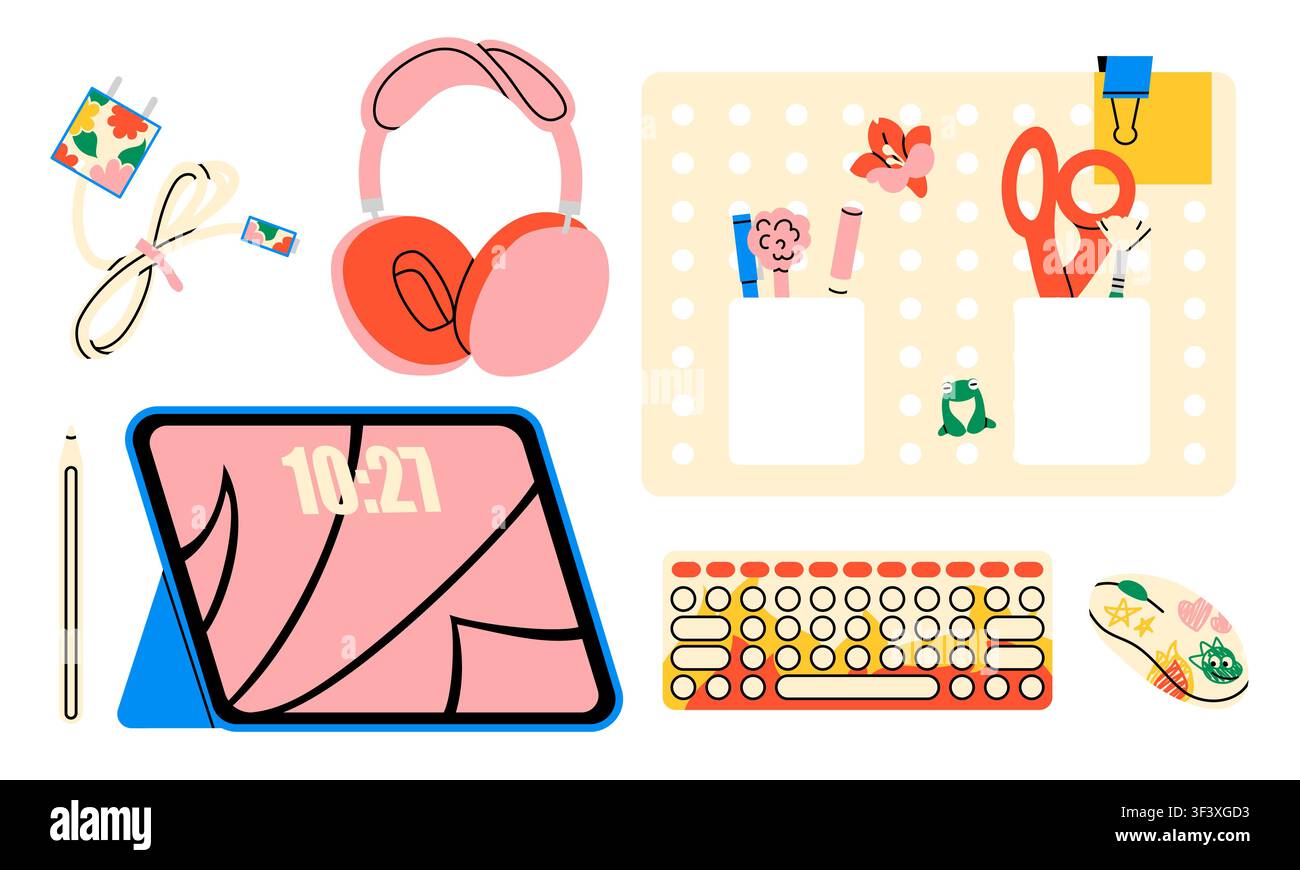 Cute study desk workplace set illustration Stock Vector