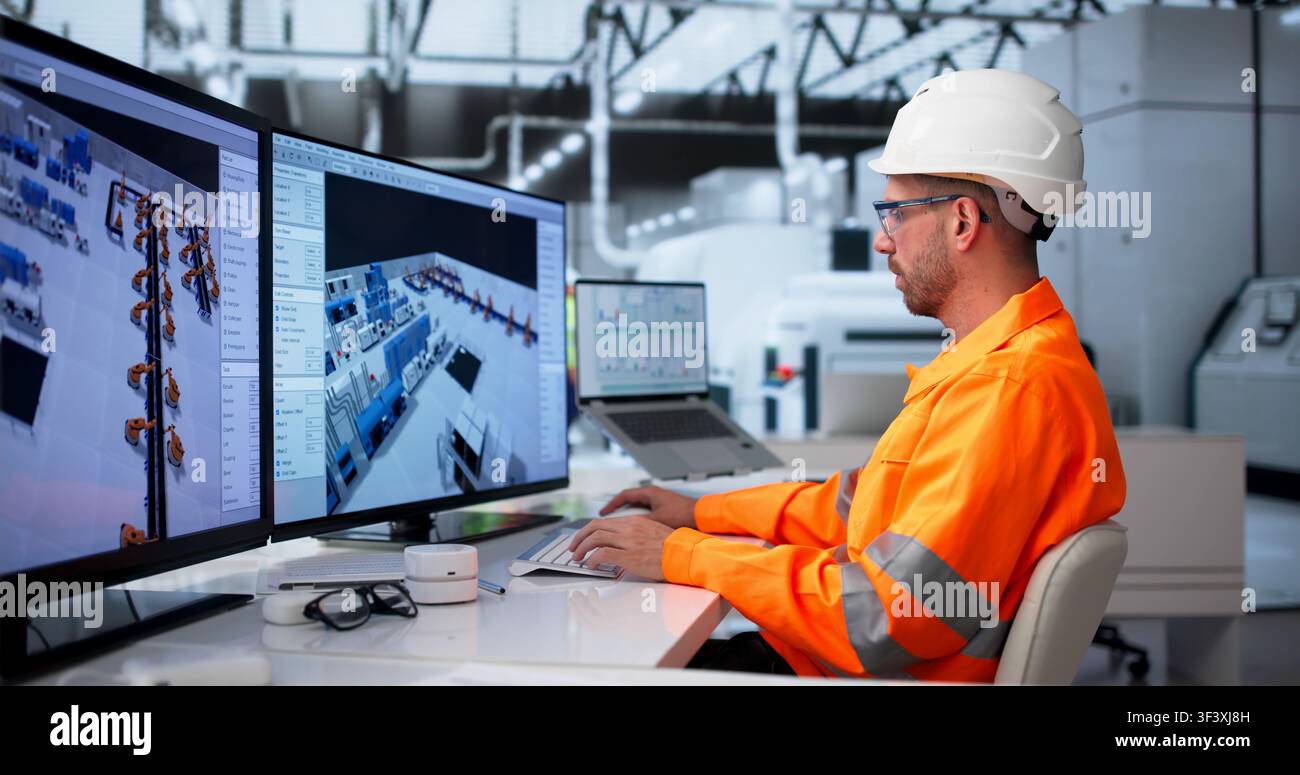 Industrial Engineer Uses 3D Software To Design Efficient Factory Floor Layout. Stock Photo