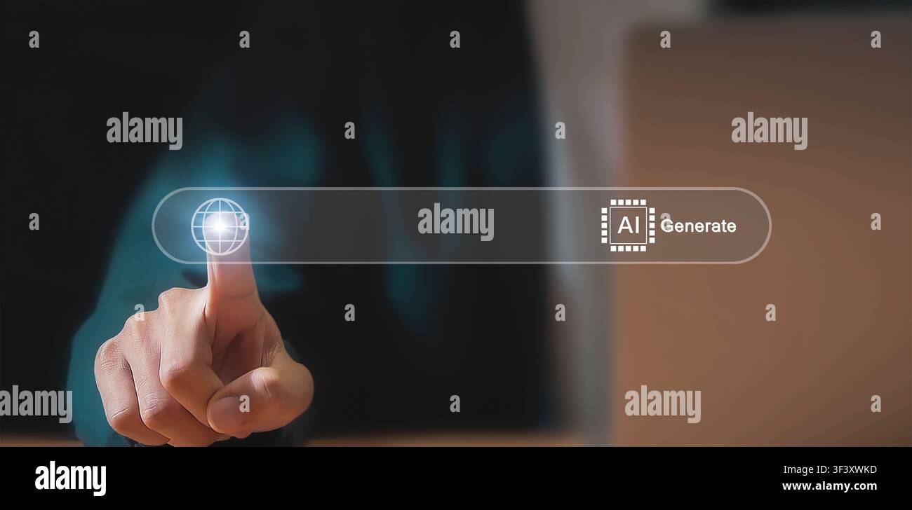 Businessman touching virtual search bar with AI Generate icon, artificial intelligence technology concept. Stock Photo