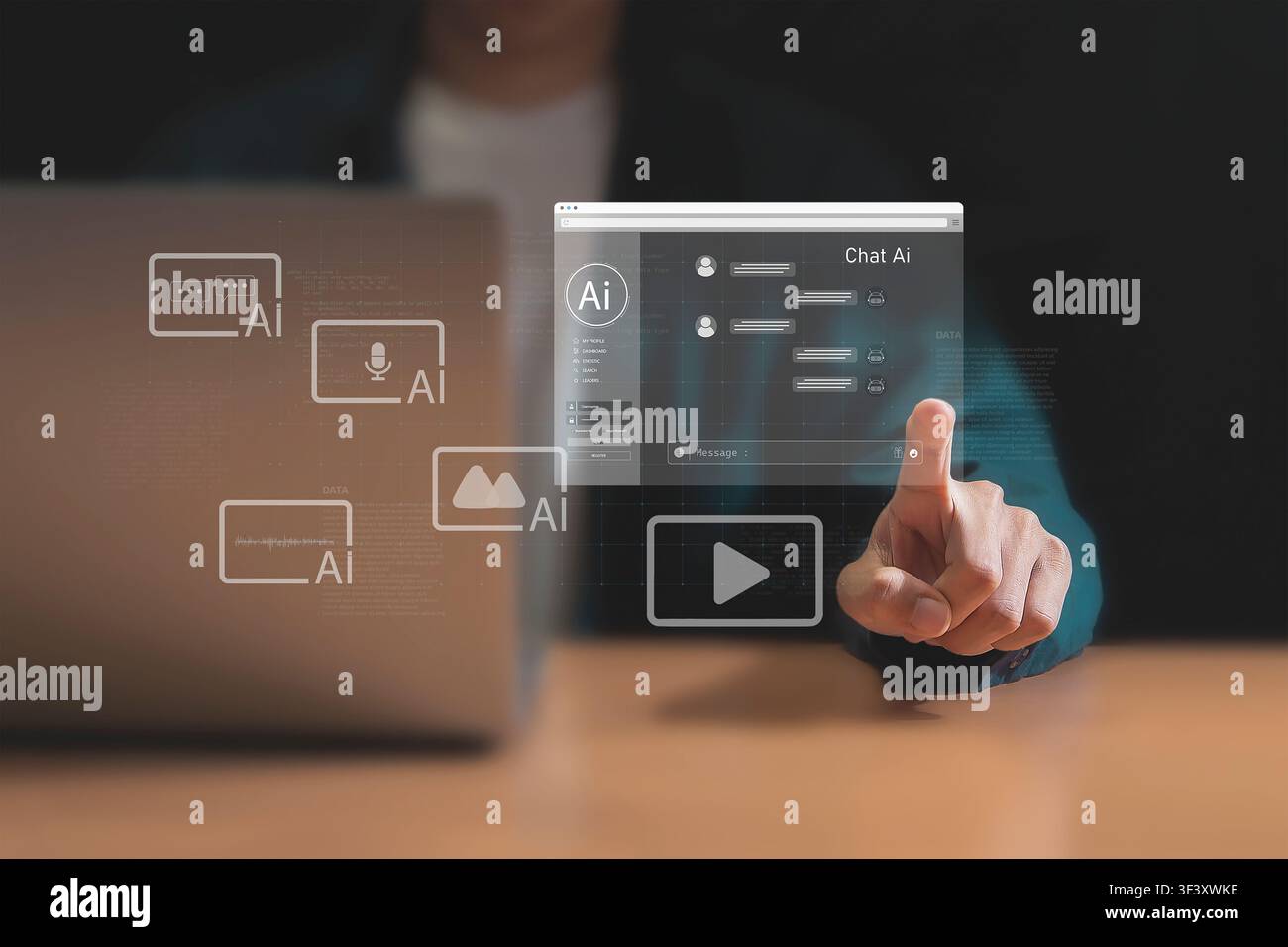 Man interacting with AI chat interface on virtual screen Stock Photo