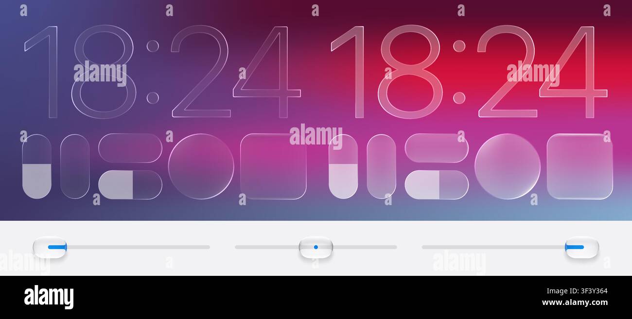 Realistic glassmorphism style basic IU mockup elements isolated on colored ambient bakground. Blur grass style template design. On and off toggle swit Stock Vector