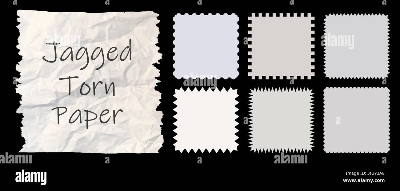 Zig zag style edge square frames set. White jagged rectangular elements graphic design elements pack isolated on black background. Vector illustration Stock Vector