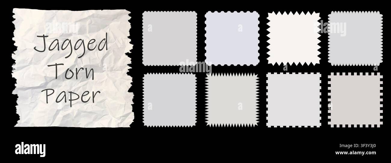 Zig zag style edge square frames set. White jagged rectangular elements graphic design elements pack isolated on black background. Vector illustration Stock Vector
