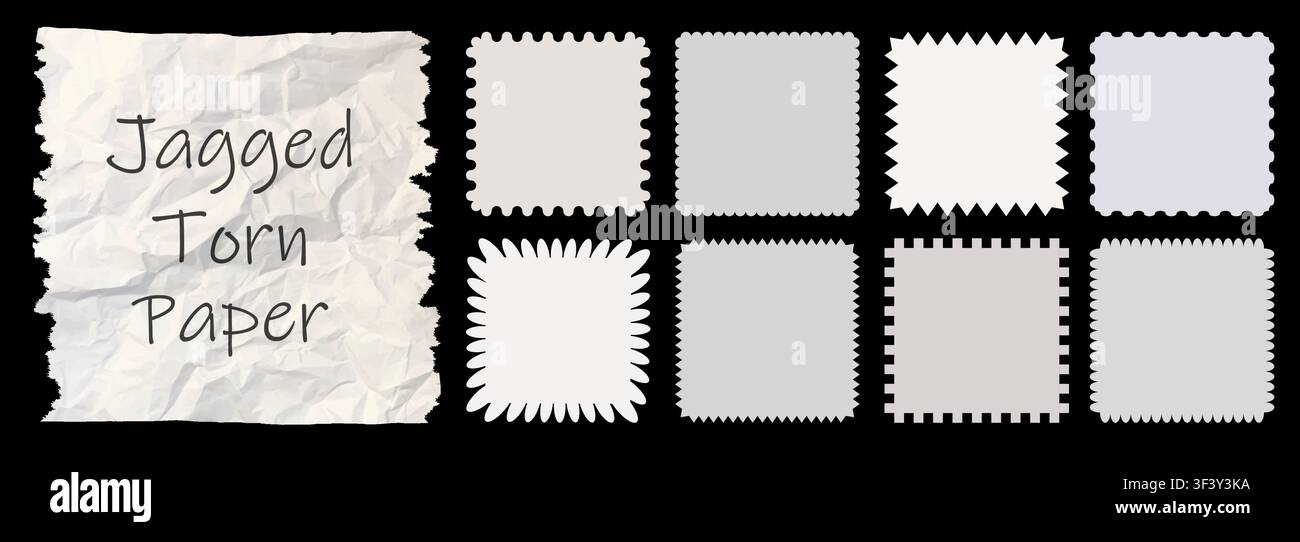 Zig zag style edge square frames set. White jagged rectangular elements graphic design elements pack isolated on black background. Vector illustration Stock Vector