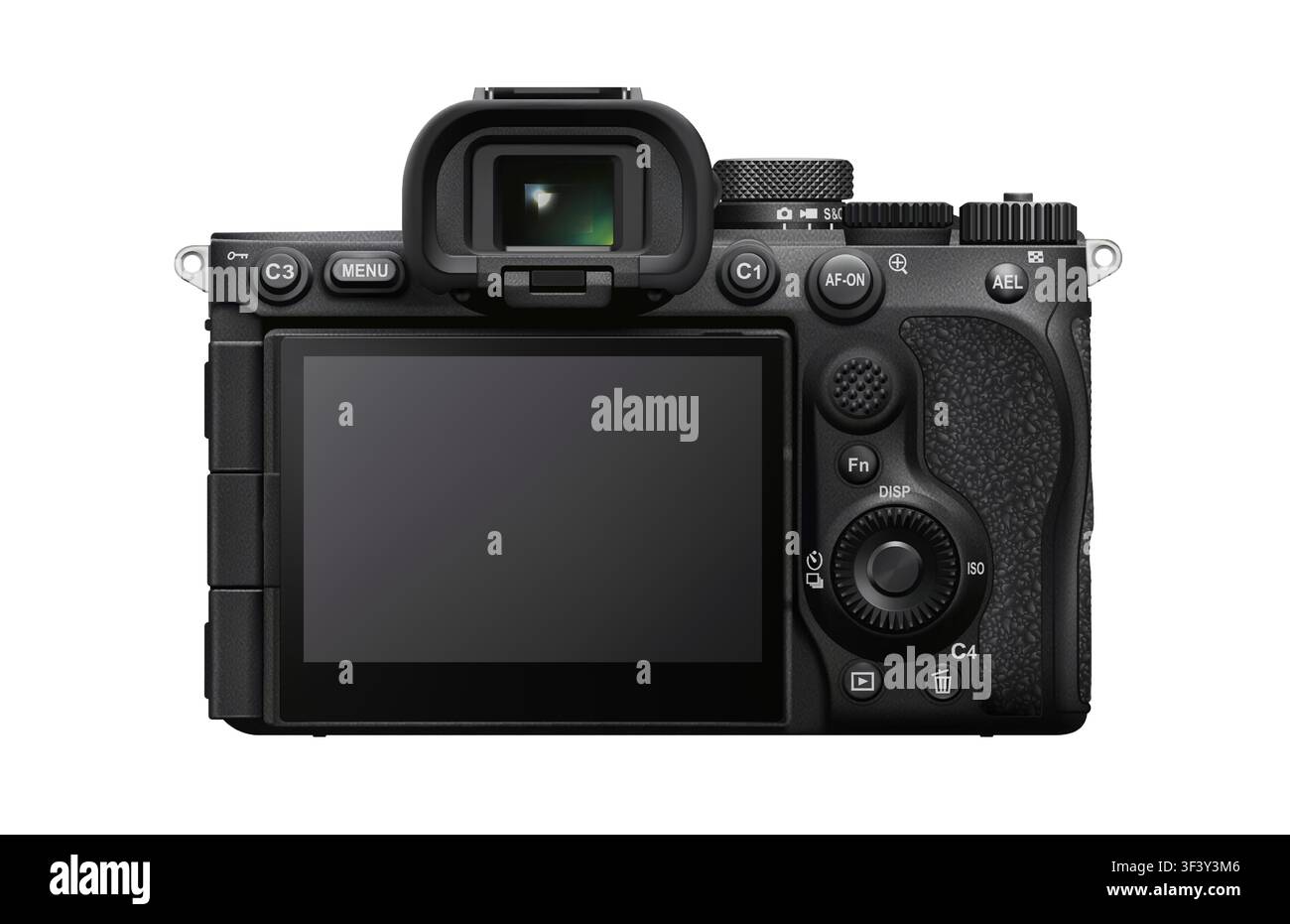 Photorealistic detailed black modern digital mirrorless camera mockup isolated on white background. Back view. Vector illustration Stock Vector