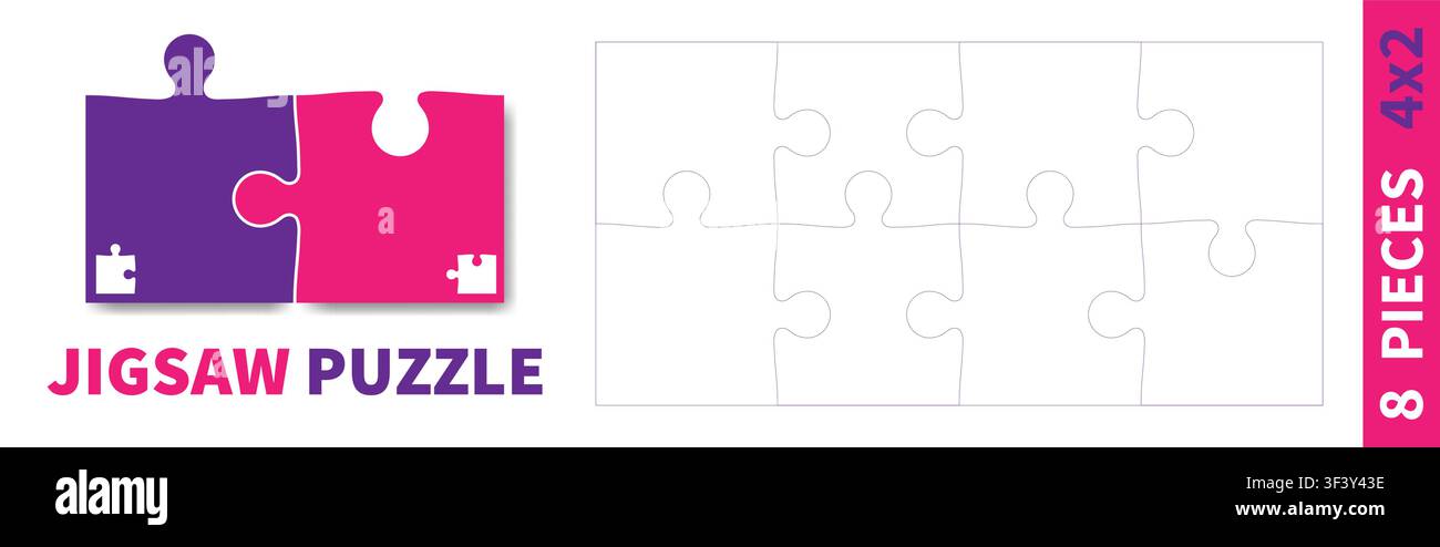 Detailed various shapes puzzle grid. Jigsaw puzzle blank template. 4x2 shapes, 8 pieces. Separate matching puzzle elements. Vector illustration Stock Vector