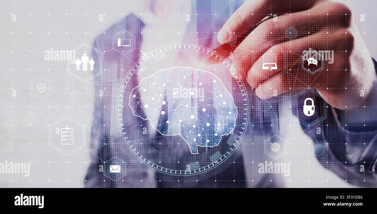 Artificial Intelligence Brain Visualization with Business Data Security Concept. Stock Photo