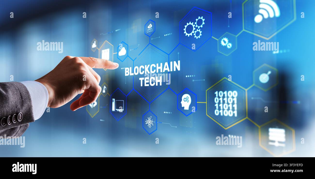 Advanced blockchain technology with decentralized network and secure digital transaction system. Stock Photo