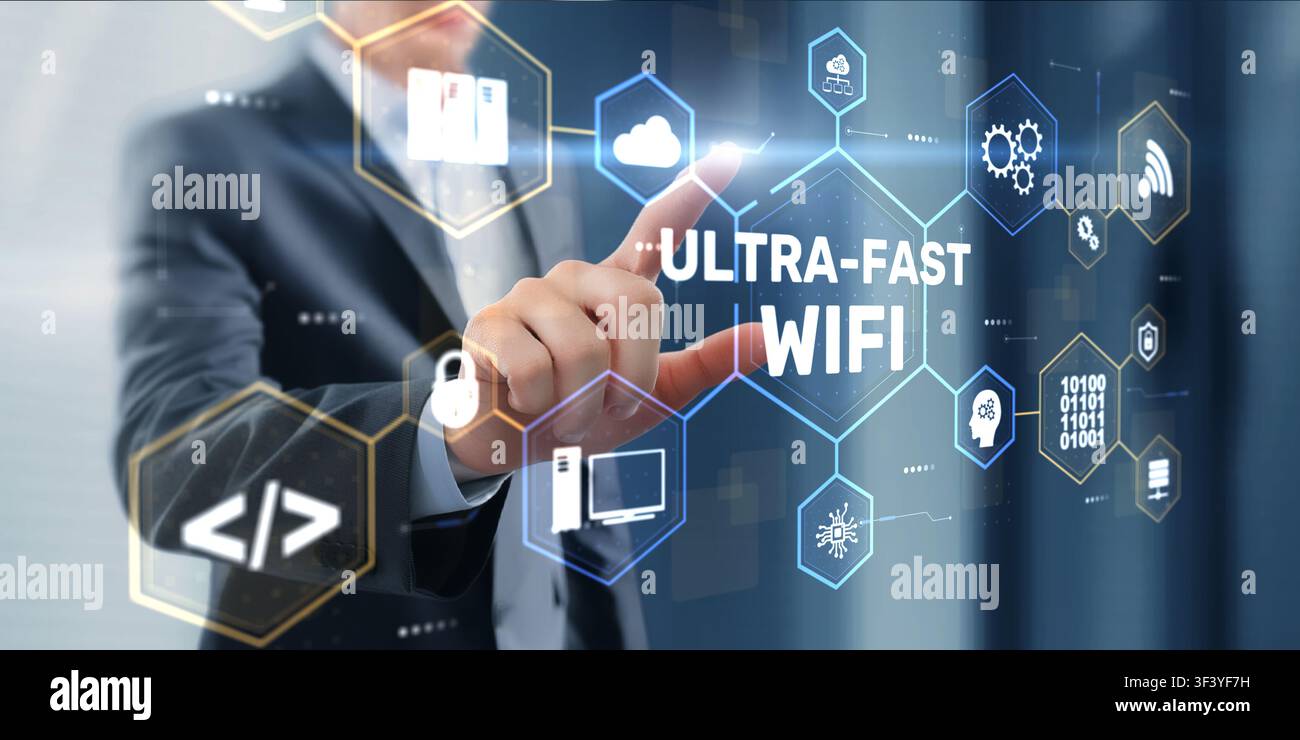 Ultra Fast WiFi High Speed Wireless Internet Network Infrastructure with Advanced Connectivity Secure Communication and Digital Data Transfer Solution Stock Photo