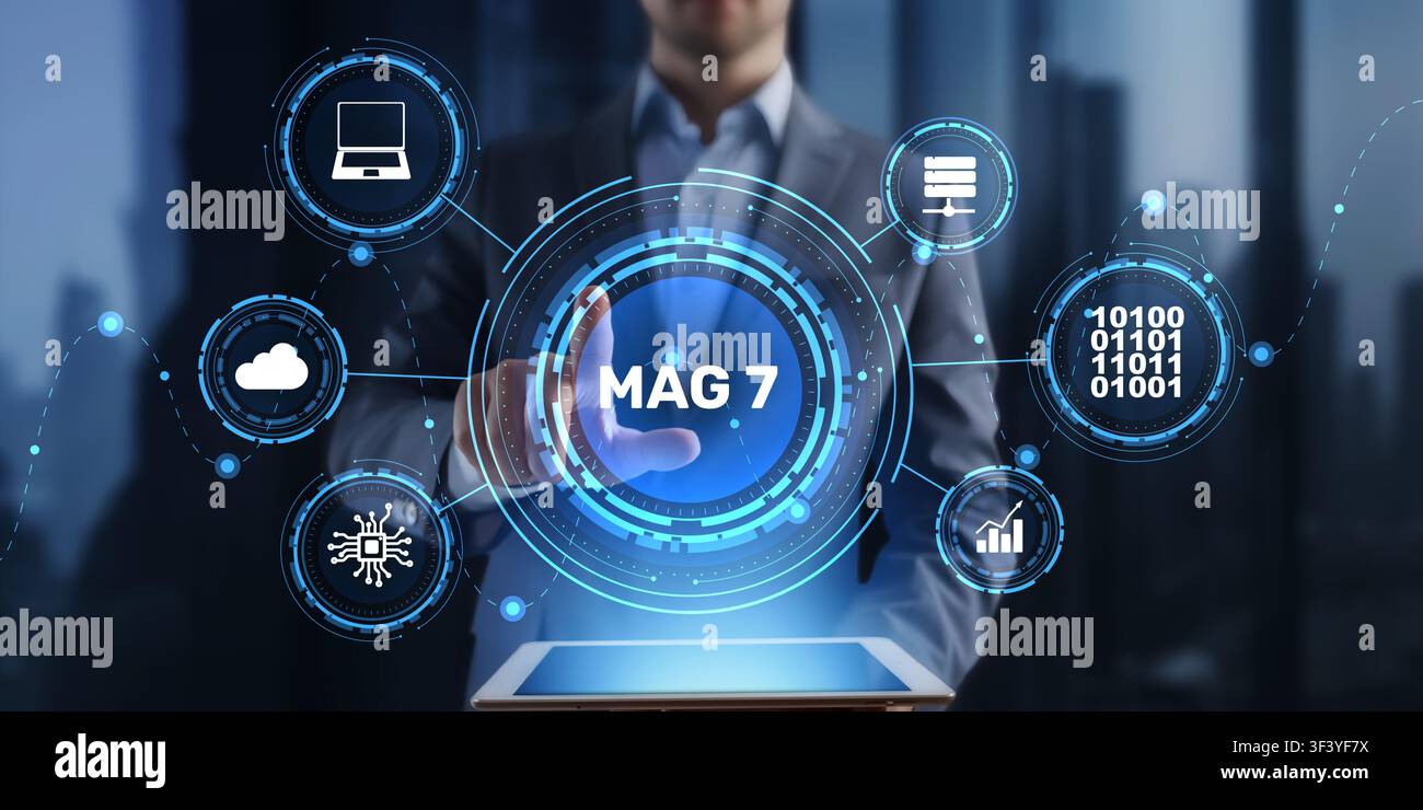 MAG 7 Technology Concept with AI Cloud Data Infrastructure Analytics Platform Digital Transformation and Enterprise Innovation Systems. Stock Photo