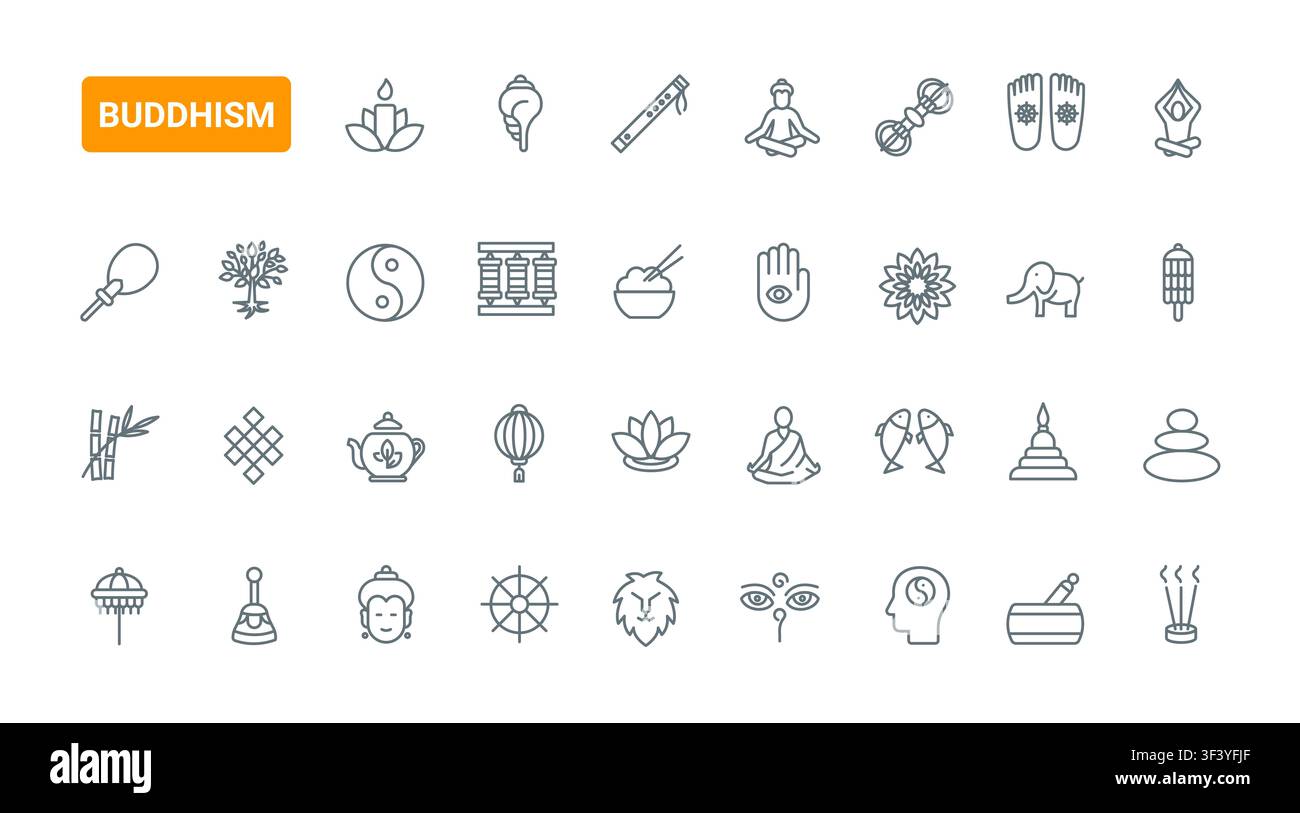 Buddhist spiritual symbols and meditation elements representing mindfulness, prayer, ritual practice, temple culture and inner balance black line icons set vector illustration Stock Vector