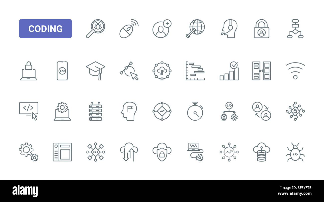 Coding and programming symbols for software development, debugging, cloud systems, analytics, security and digital engineering workflows black line icons set vector illustration Stock Vector