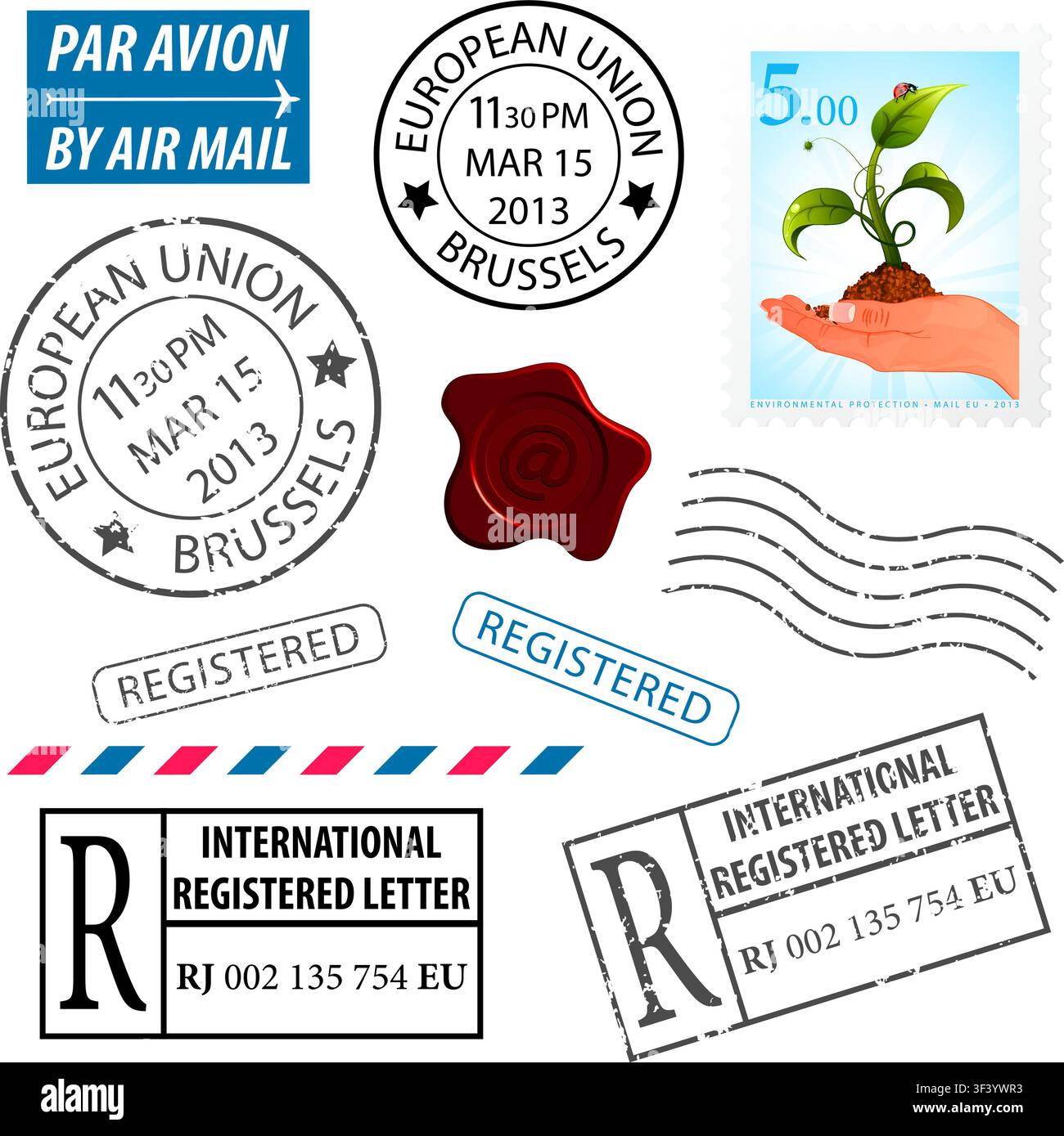 Set Grunge Postage Stamps, vector isolated on white background Stock Vector