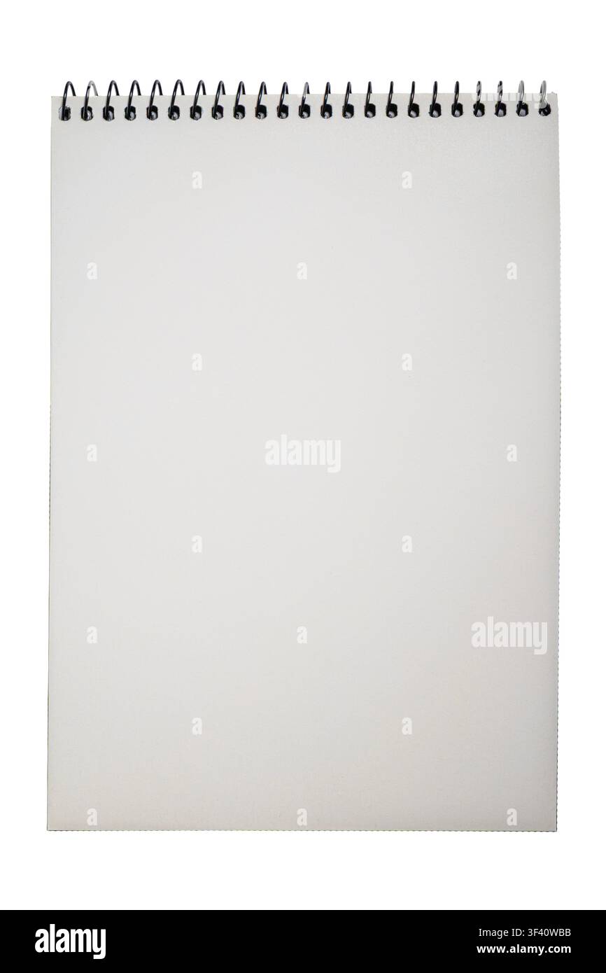 Empty spiral bound notebook page for writing sketching, documentation notes Stock Photo