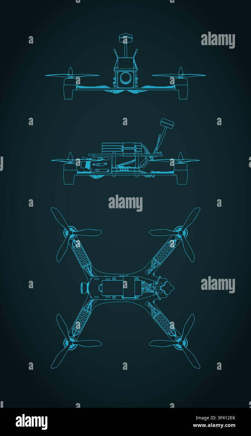 FPV drone quadcopter blueprints, stylized vector illustration Stock Vector