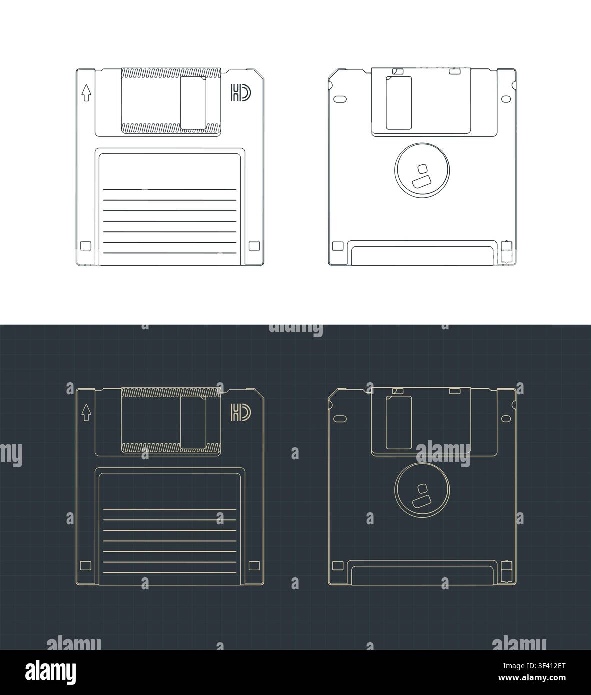 Retro 3.5-inch floppy disk blueprints; stylized vector illustrations Stock Vector