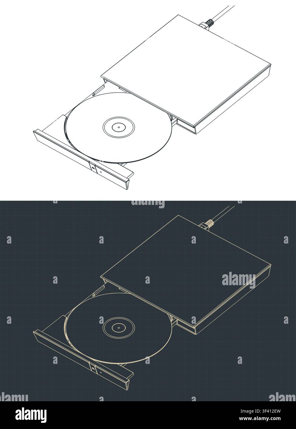 External USB CD DVD drive with disc open isometric blueprint stylized vector illustrations Stock Vector