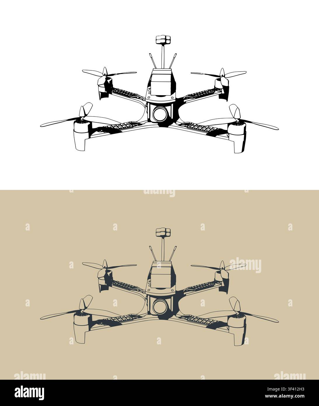 FPV drone quadcopter stylized vector illustrations Stock Vector