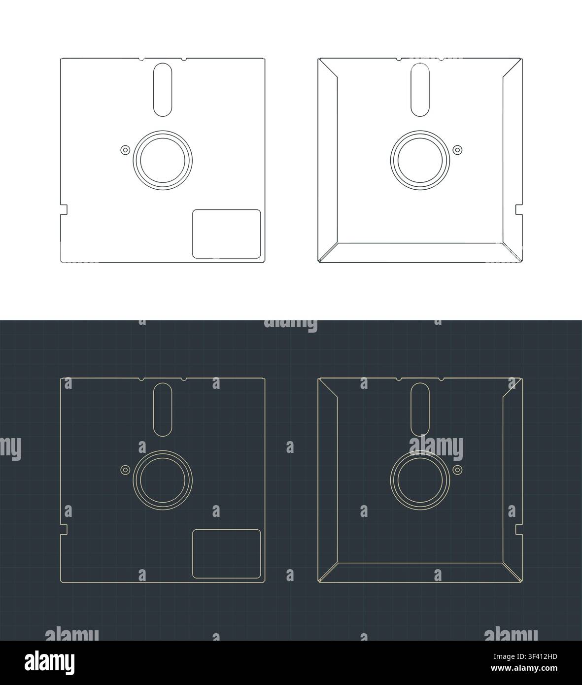 Retro floppy diskette front and back view blueprints; stylized vector illustrations Stock Vector