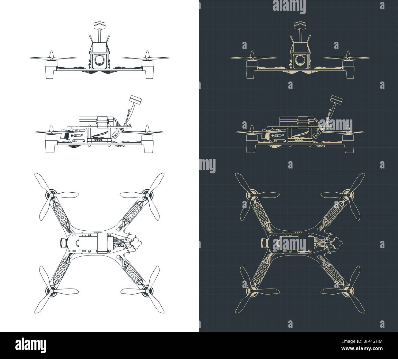 FPV drone quadcopter blueprints, stylized vector illustrations Stock Vector