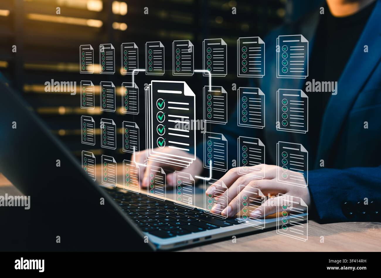 Document checklist management and compliance workflow concept. person using laptop, showing verified files, approval document, task validation, audit Stock Photo