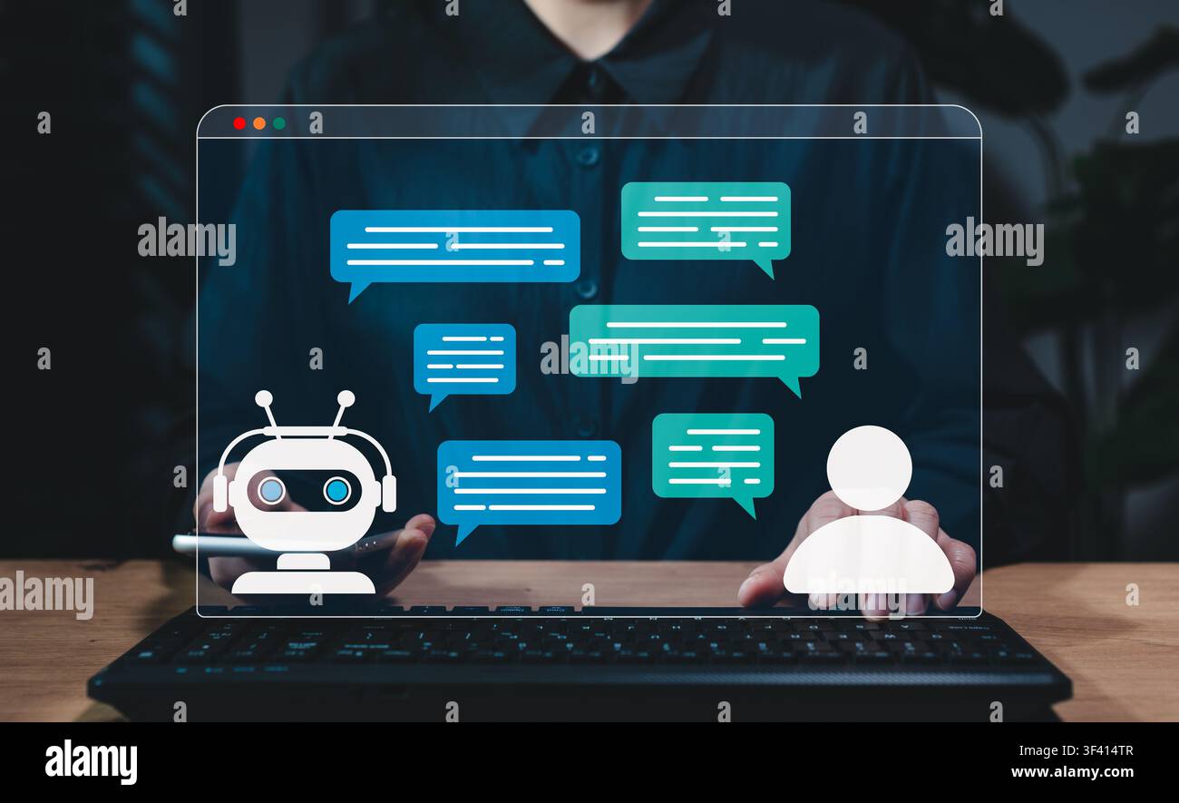 Generative AI chat platform concept. User interact with virtual assistant interface, message bubbles, prompt conversation, AI answer workflow, languag Stock Photo