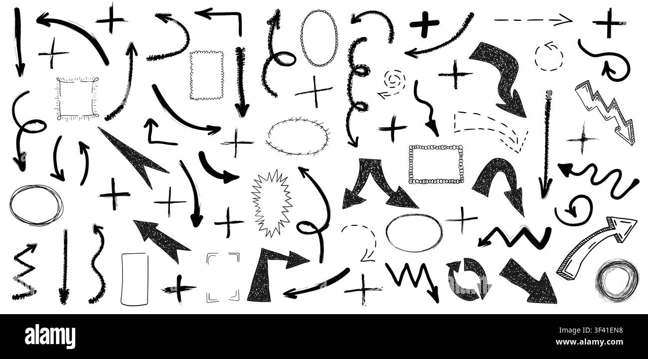 Set of black grunge doodle hand drawn arrows, plus signs and border frames isolated on white background. Sketch style ink symbols collection. Vector i Stock Vector
