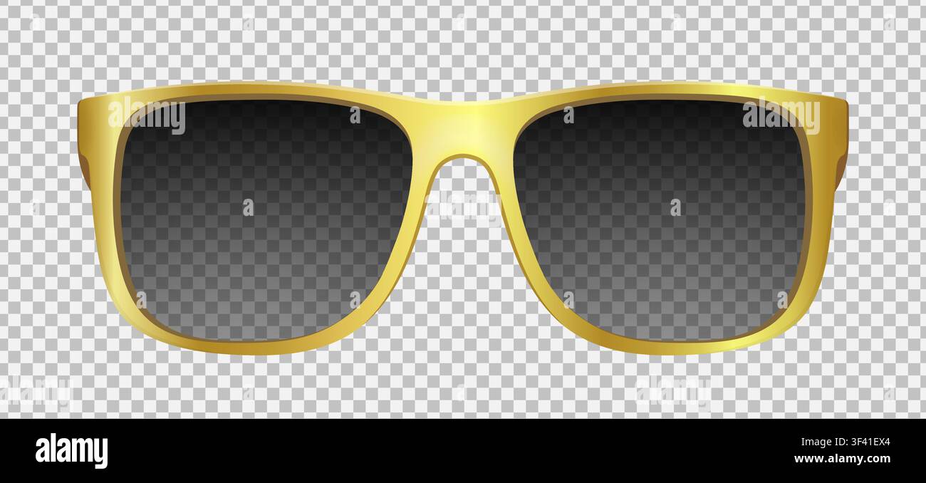 Realistic golden modern style Glasses mockup isolated on transparent background. Sunglasses, frame, lens, vintage eyeglasses in front view. Vector ill Stock Vector