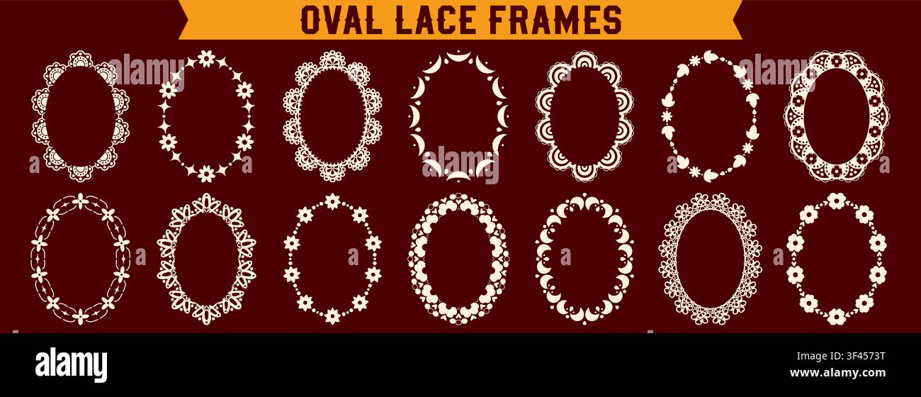 Different seamless lace scalloped oval frames. Stock Vector
