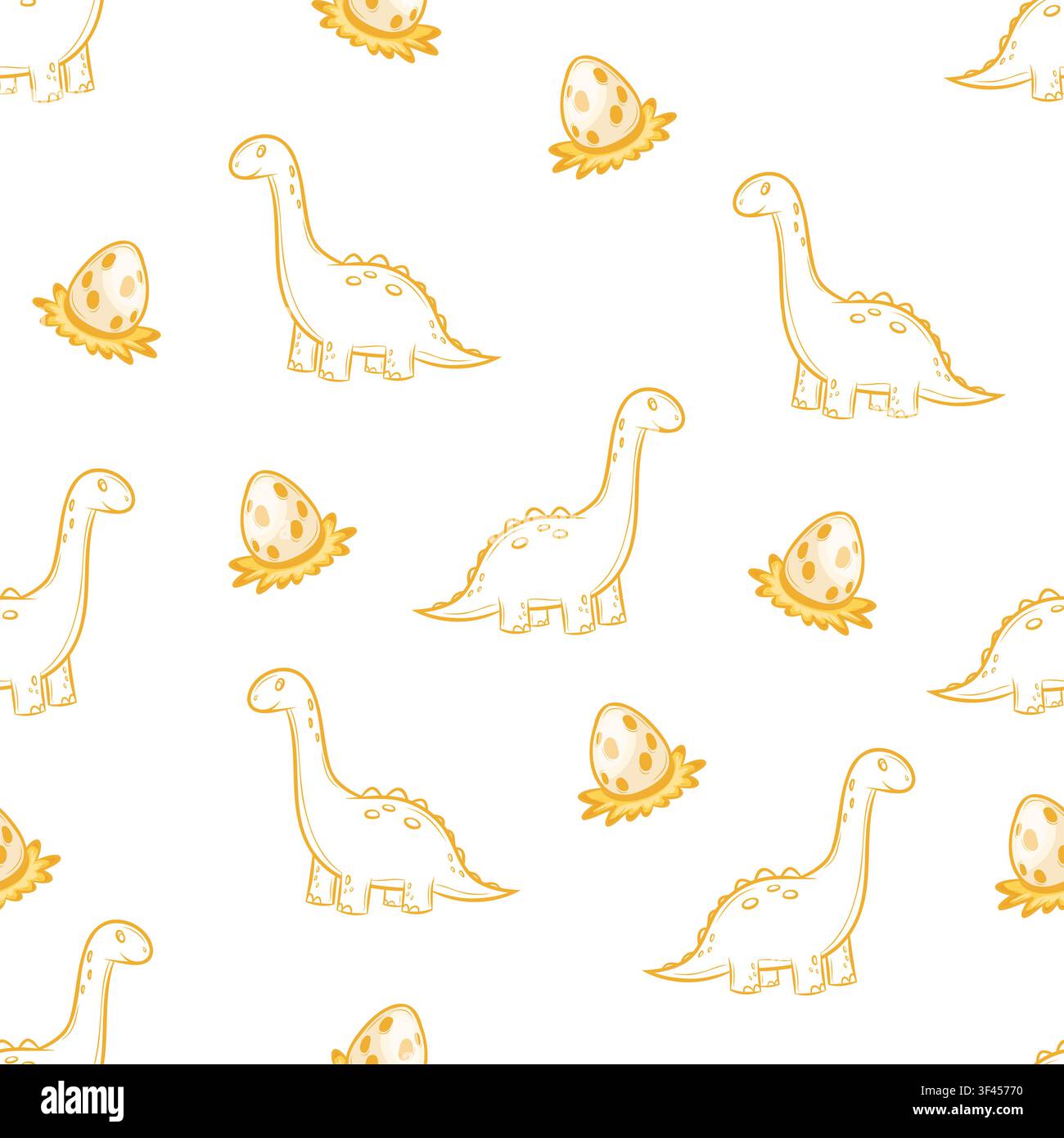 A vector seamless pattern featuring dinosaurs and eggs in a line Stock Vector