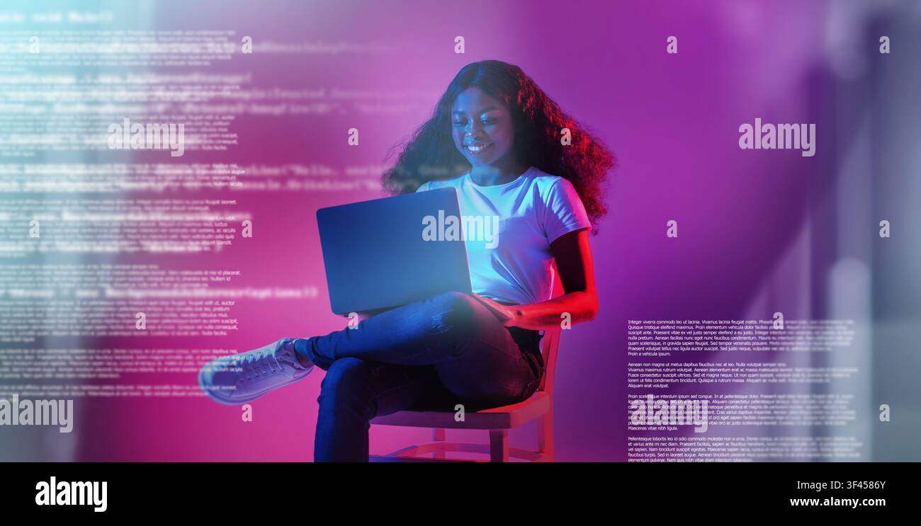 Smiling Black Female Developer Working On Laptop At Home, Coding Concept Stock Photo