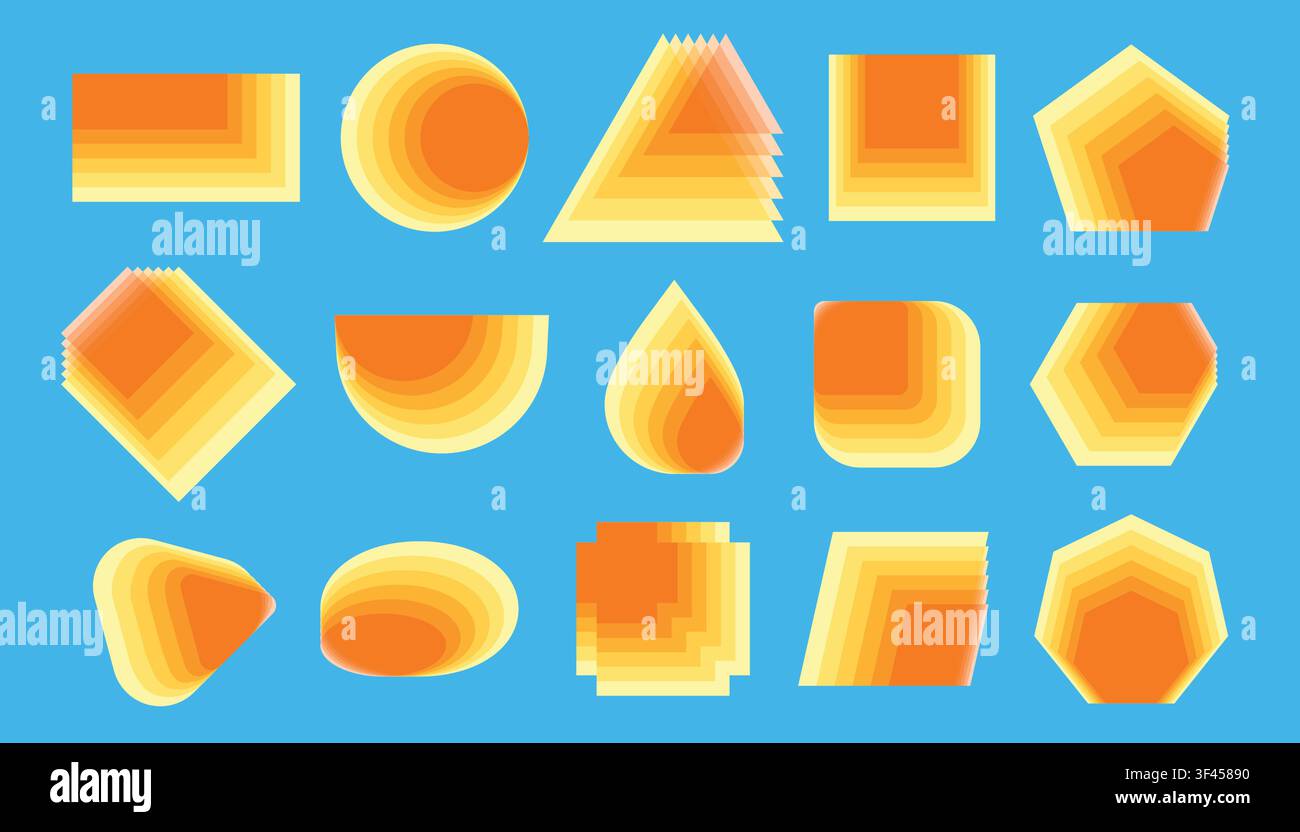 Fantastic overlapping shapes set. Yellow geometric blend elements. Vector translucent geometric artwork Stock Vector