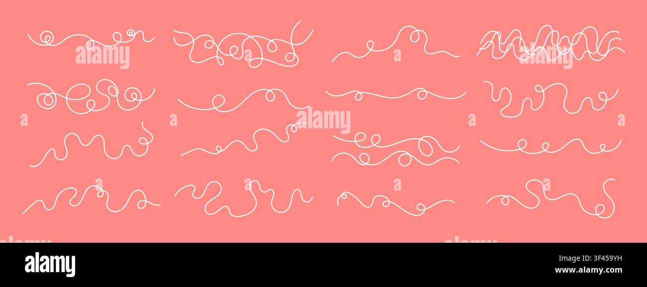 Continuous black squiggle line cable abstract wavy vector illustration set pattern background. Stock Vector