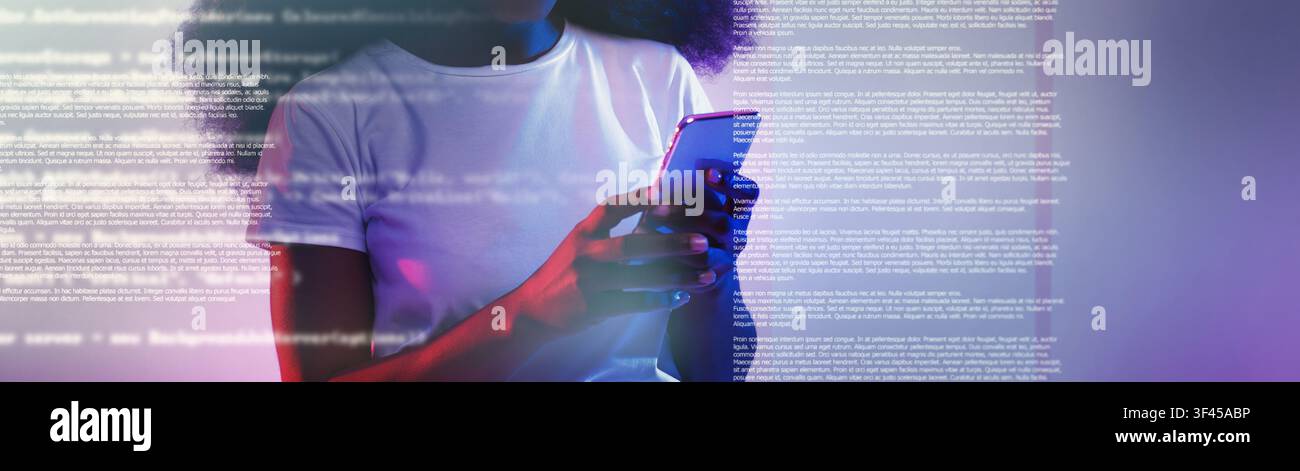 Focused Black Female Using Smartphone With Coding Text Overlaid, Tech Concept Stock Photo