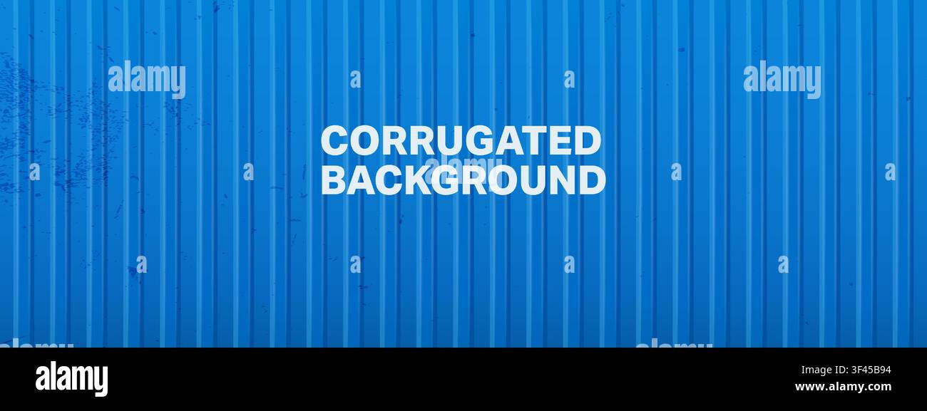 Blue corrugated metal container texture. Vertical ribbed steel panel bg with grunge scratch marks Stock Vector