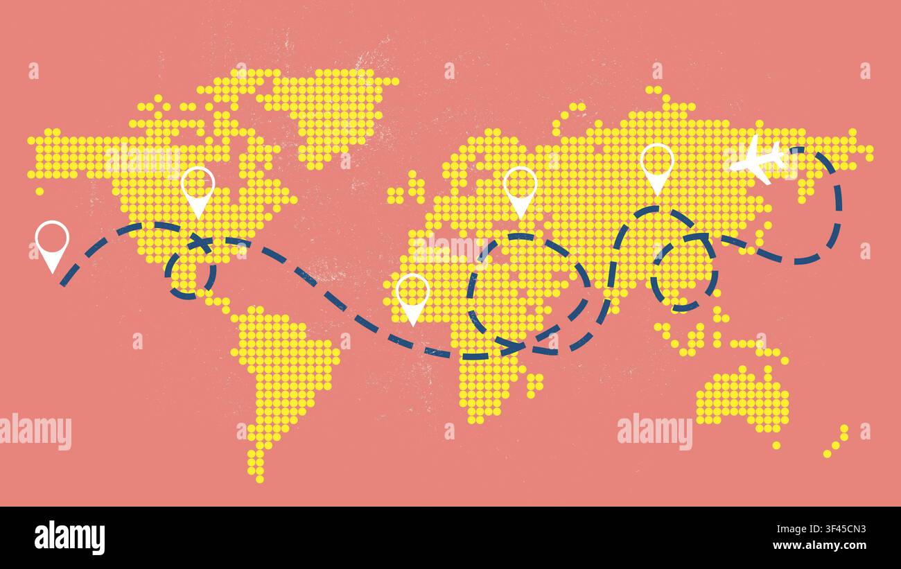 Travel planning map showing various destinations and routes across the world with marked points and a travel line Stock Photo