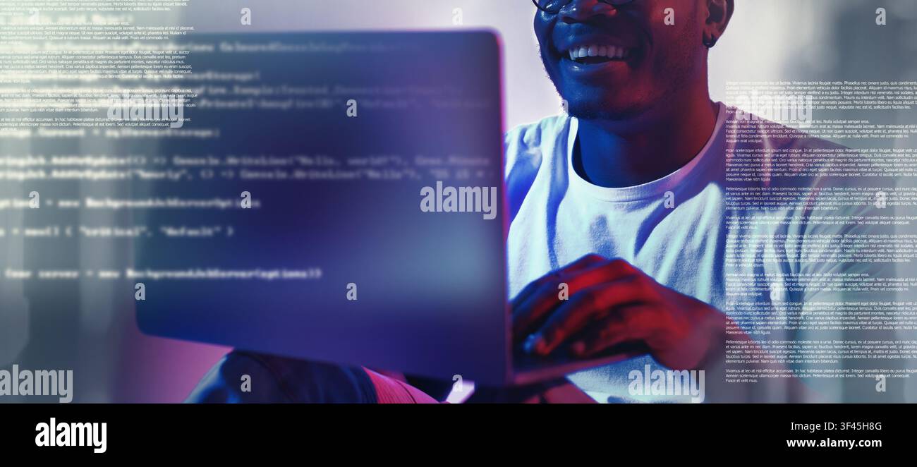 Smiling Black Male Programmer Working On Laptop In Office, Coding And Technology Concept Stock Photo