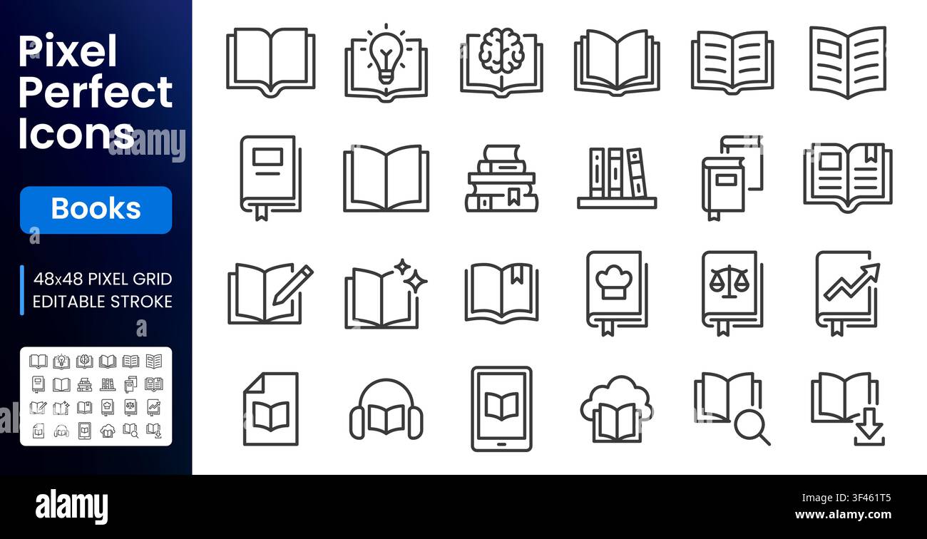 Book line icon set. Storybook, school library, literature education, reading brain, story idea, bookmark linear minimal vector illustration. Simple Stock Vector