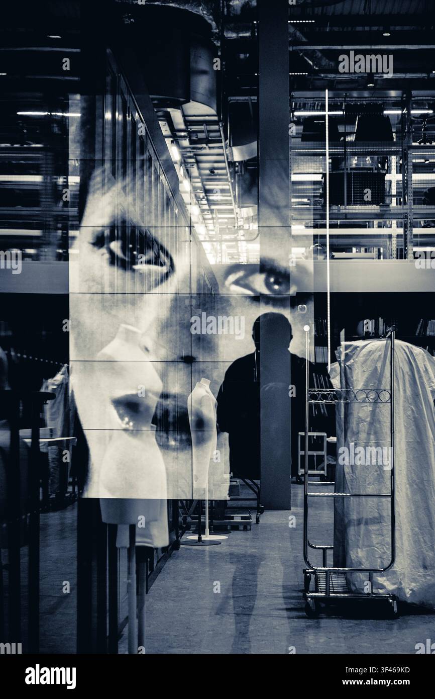 Self-portrait and reflections at the V&A East Storeroom David Bowie exhibition, Stratford, London, UK. Stock Photo