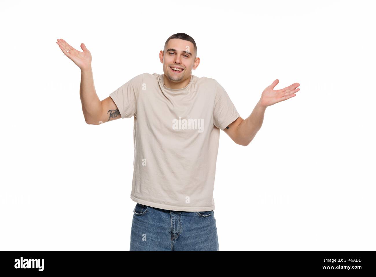 Man, thinking and confused with doubt and questions, problem solving for solution isolated. Memory, thought and remember with ideas, choice or decisio Stock Photo