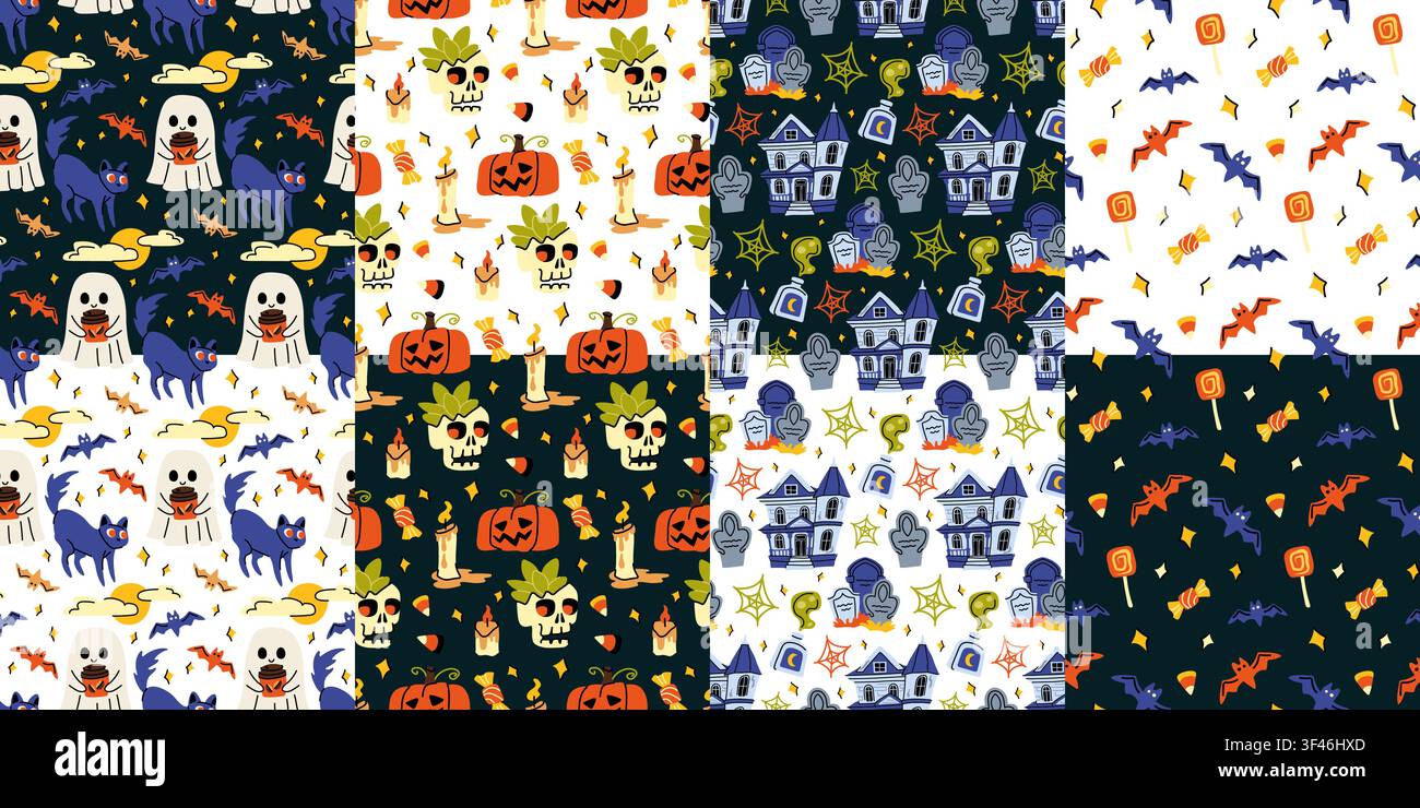 Halloween vector seamless pattern set with ghost skull pumpkin and bat doodle illustrations Stock Vector