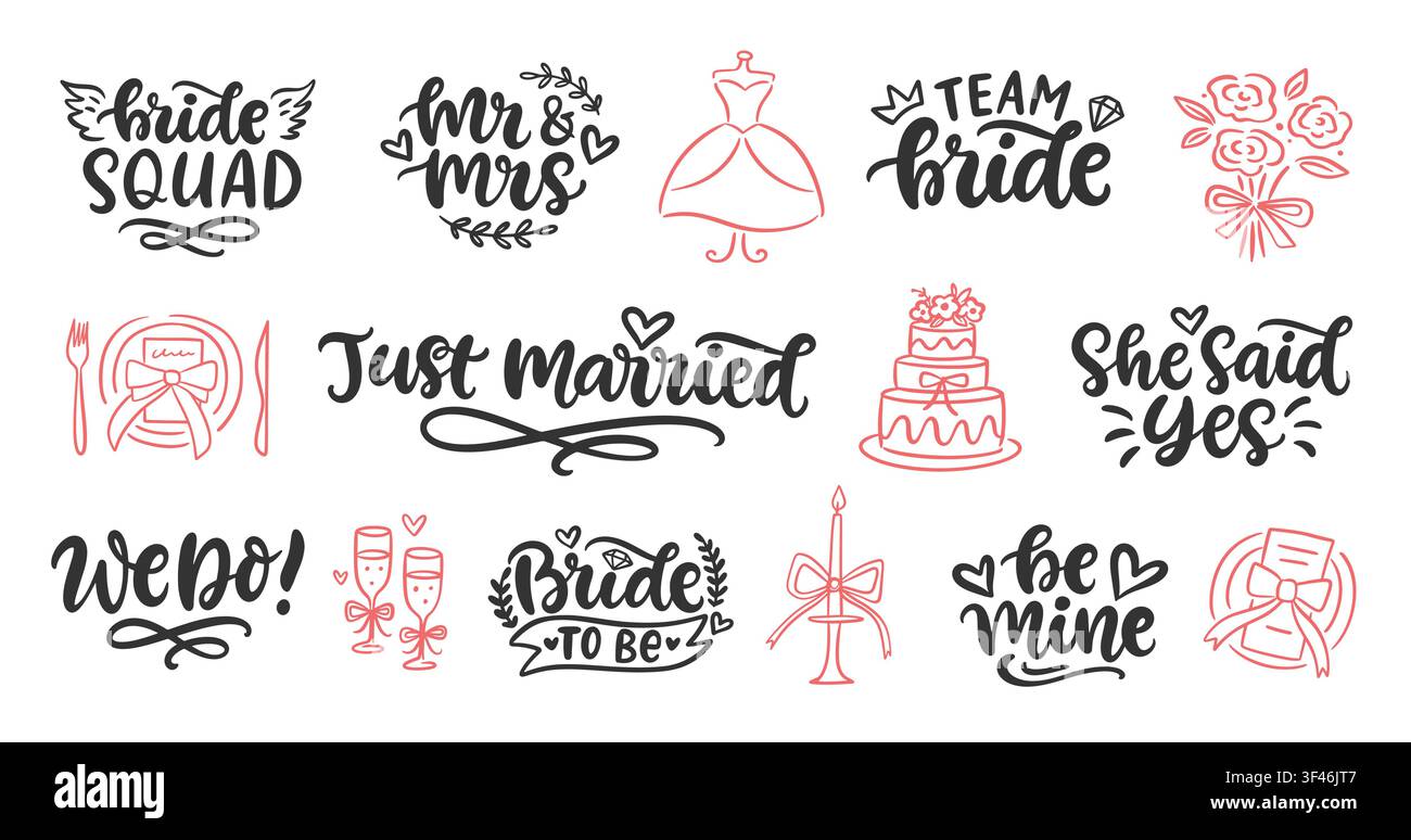 Wedding vector lettering and icon set bride quotes Stock Vector