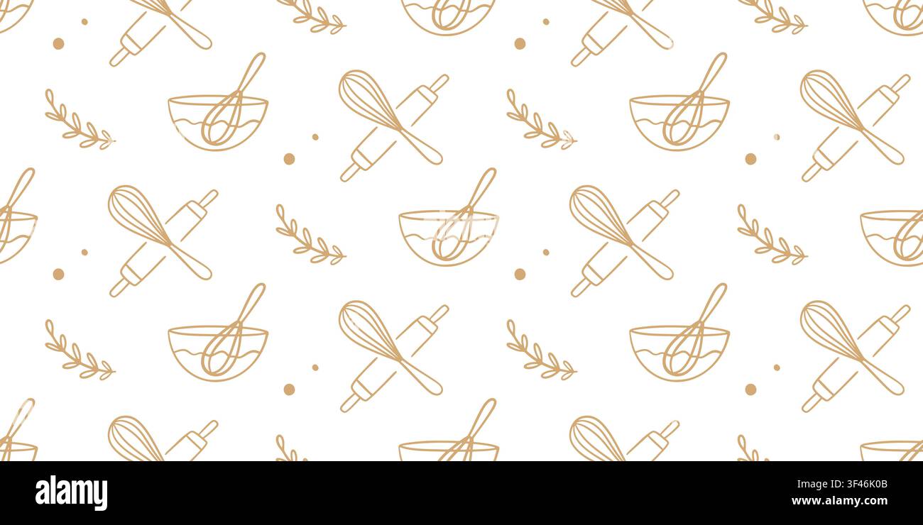 Baking seamless pattern with mixing bowls, whisks Stock Vector