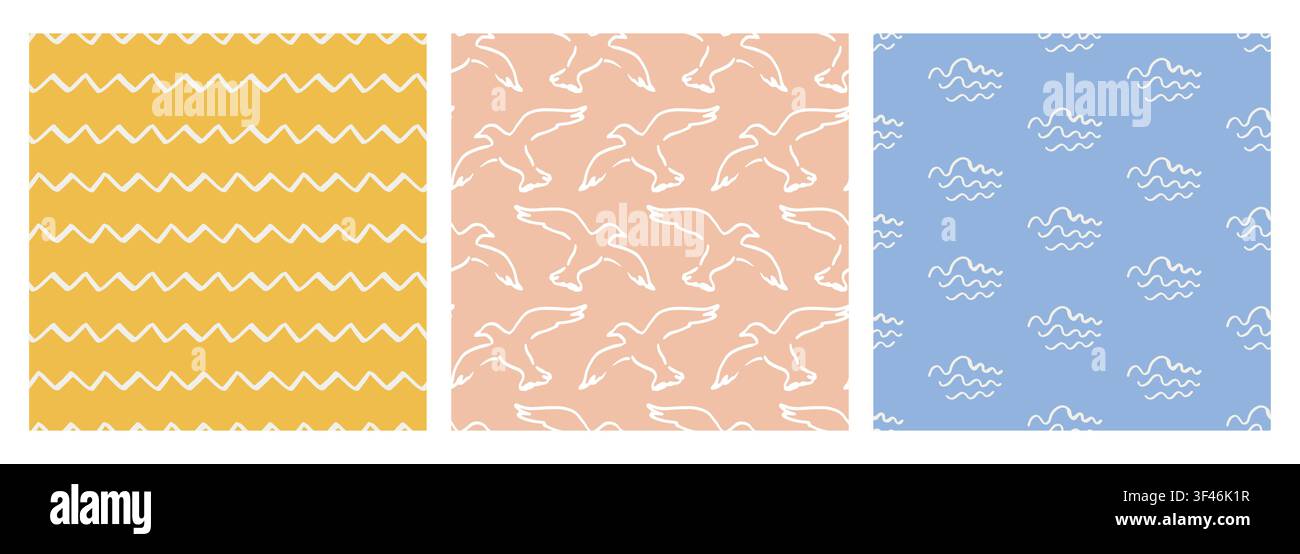 Coastal boho vector pattern set with waves, gulls Stock Vector