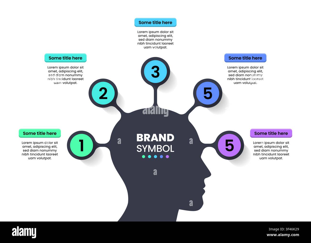Infographic template with 5 options or steps. Human mind. Can be used for workflow layout, diagram, banner, webdesign. Vector illustration Stock Vector