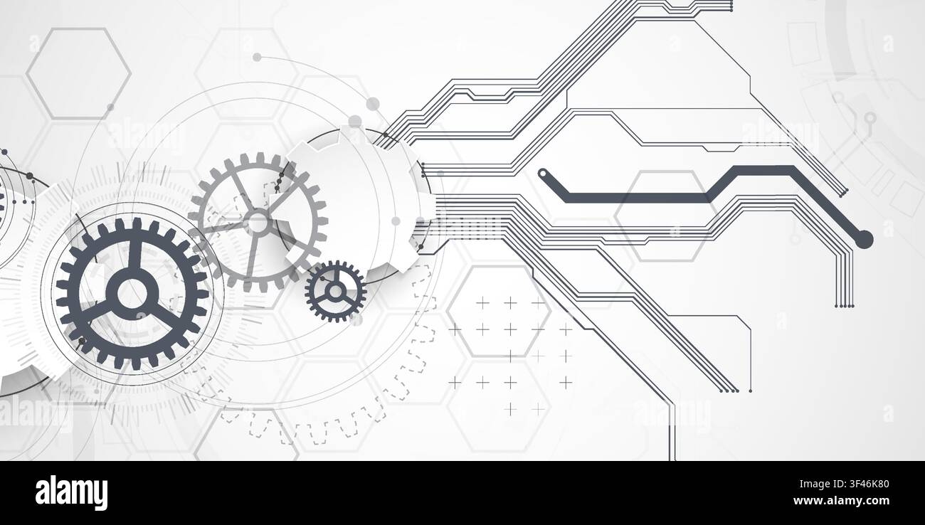 Technology background with grey gears, circuit board lines, geometric circles. Vector Stock Vector