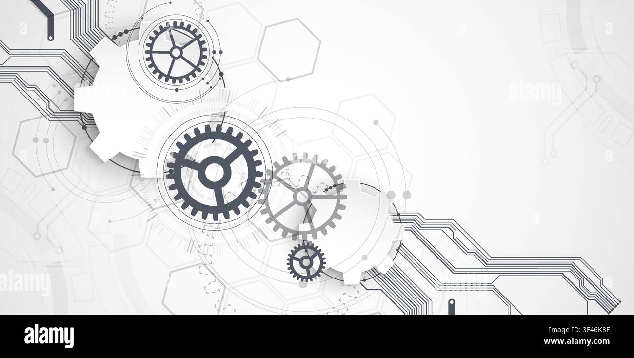 Technology background with grey gears, circuit board lines, geometric circles. Vector Stock Vector