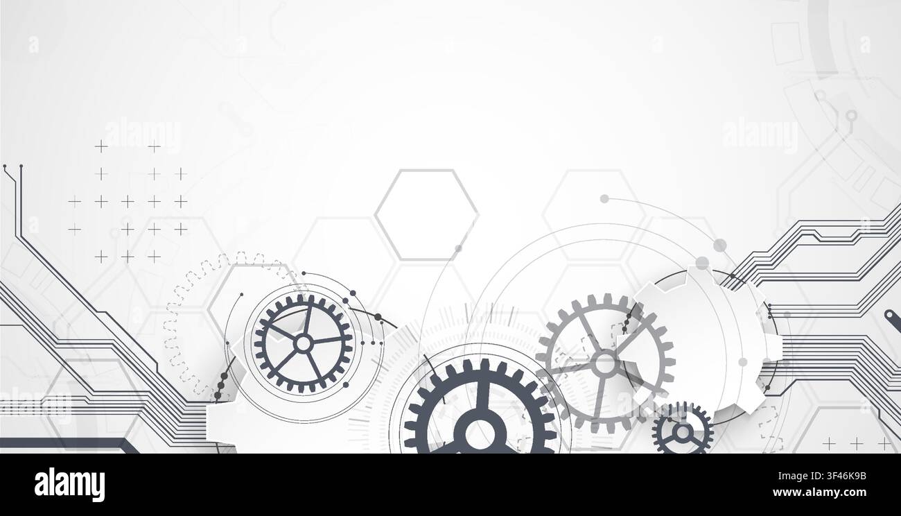 Technology background with grey gears, circuit board lines, geometric circles. Vector Stock Vector