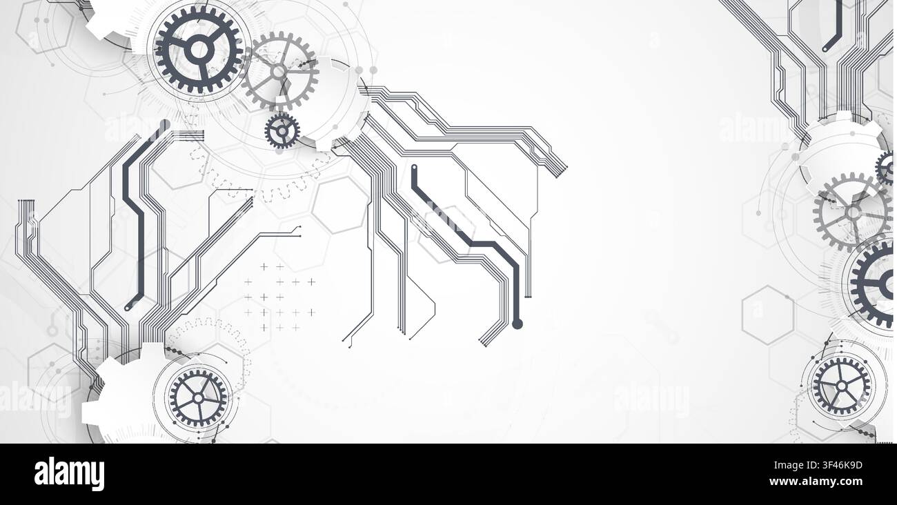 Technology background with grey gears, circuit board lines, geometric circles. Vector Stock Vector