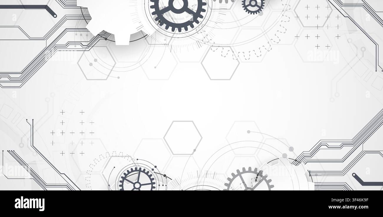 Technology background with grey gears, circuit board lines, geometric circles. Vector Stock Vector